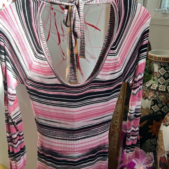 Guess Jeans Y2K Pink Striped Crochet Long Sleeve Dress L - Picture 13 of 16